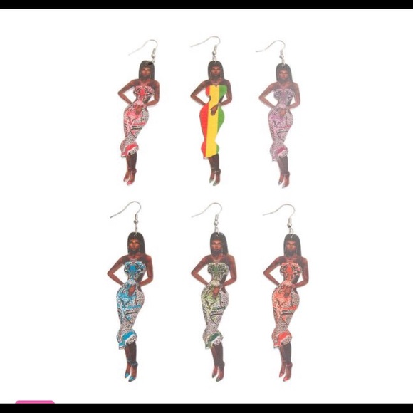 African American Black Woman Wooden Earrings - Picture 2 of 2